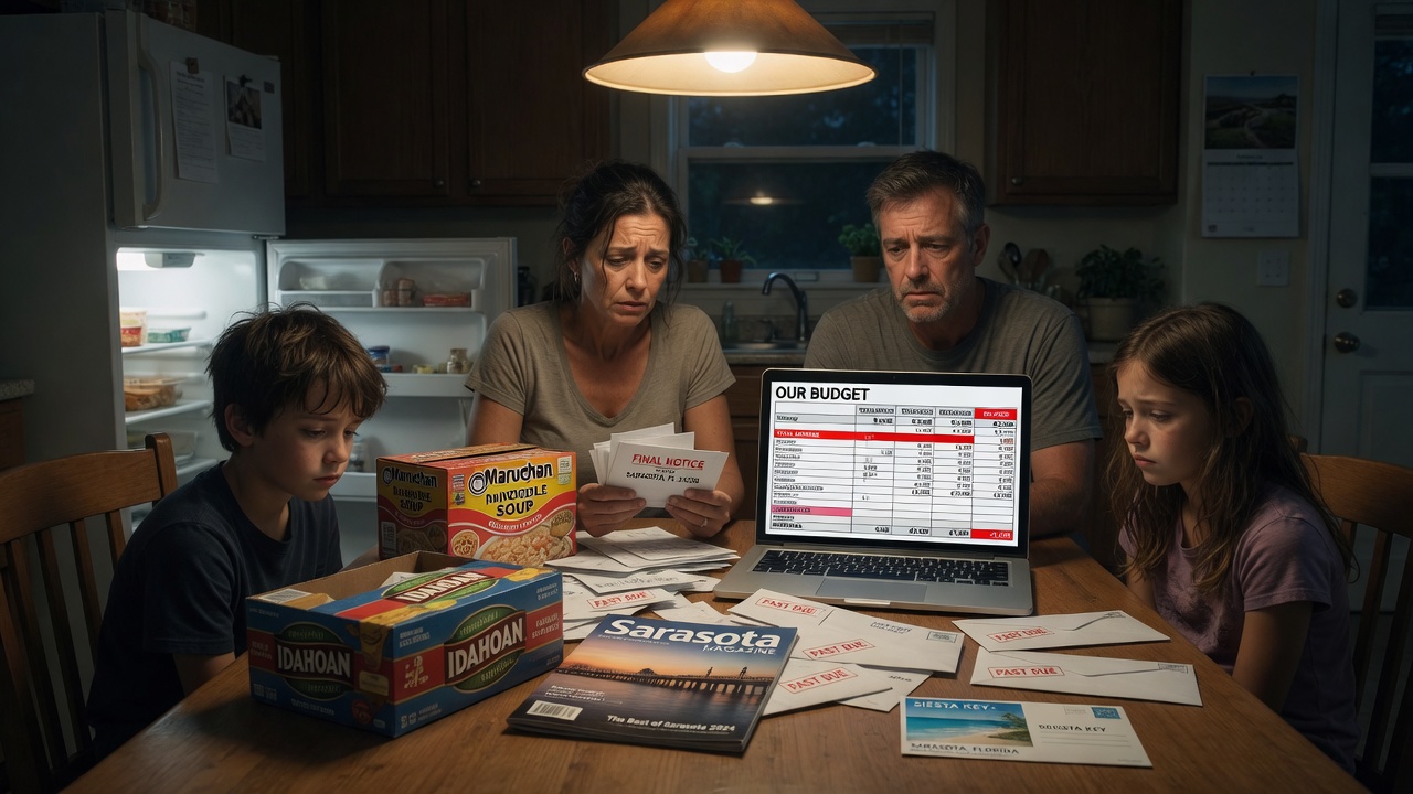 Stressed Sarasota family reviewing bills