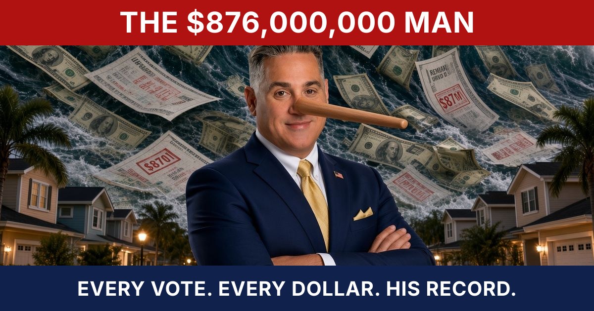 Satirical poster: Joe Neunder stands smirking as a tidal wave of hundred-dollar bills curls over family rooftops — The $876,000,000 Man