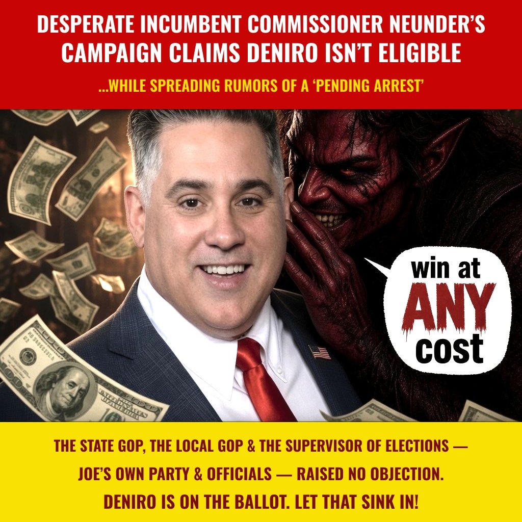 Political graphic: Joe Neunder smiling while a devil whispers 'win at ANY cost' in his ear