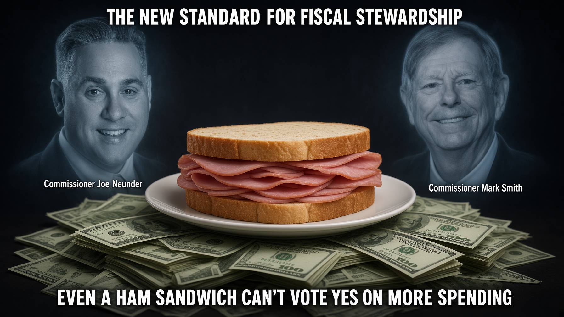 A ham sandwich on a plate atop a pile of hundred-dollar bills, flanked by ghosted portraits of Commissioners Neunder and Smith