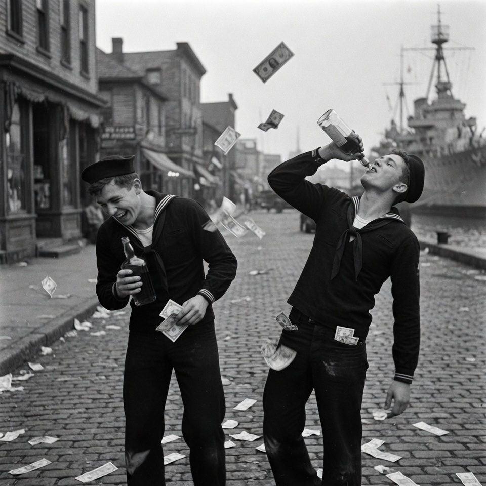 Two WWII sailors on port leave drunk and throwing money