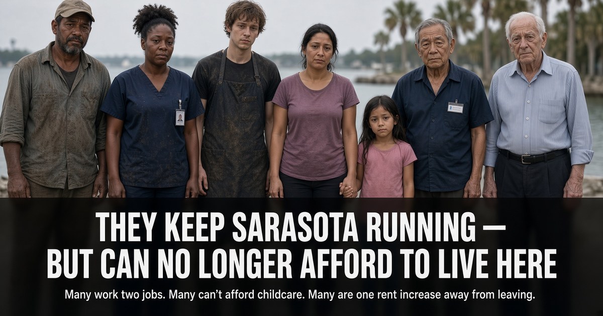 Group portrait of Sarasota's workforce with the headline: They keep Sarasota running, but can no longer afford to live here