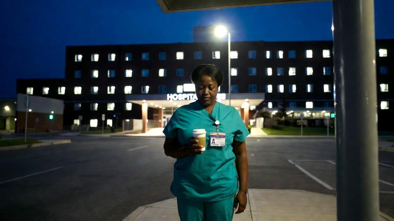Black CNA in scrubs standing alone outside hospital at 5:30 AM pre-dawn, holding coffee, exhausted